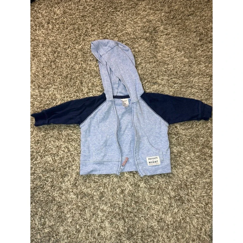 Carter's Baby Boy 3M Zip Up Hoodie Light Blue Navy Raglan Property of Mommy